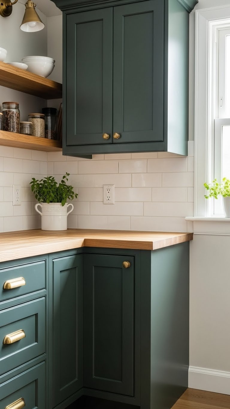 Deep forest green shaker kitchen cabinets with brass hardware, butcher block counter, white subway tile, and herb planter.