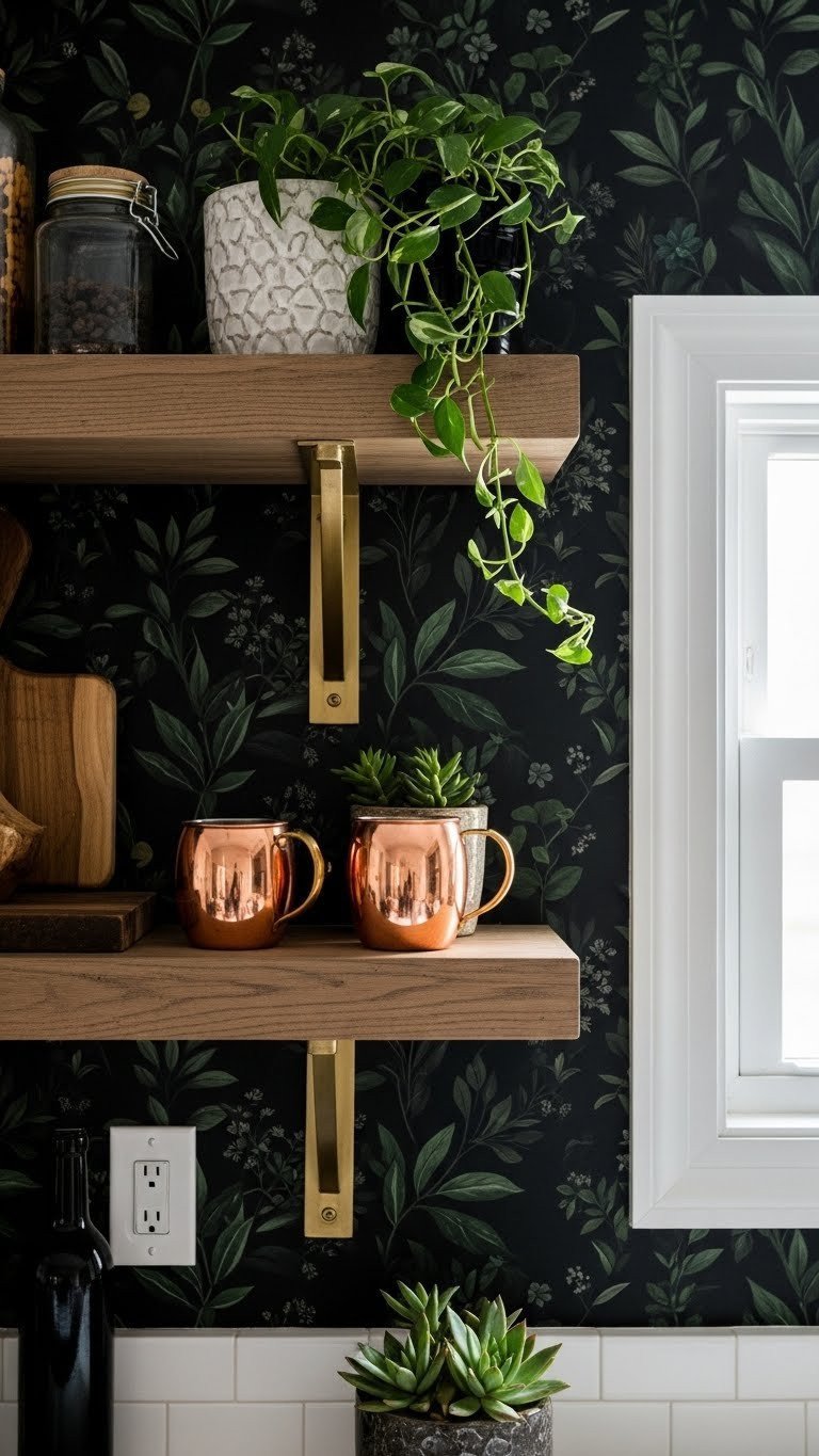 7 Moody Kitchen Wallpaper Ideas To Create Dramatic Style 1 Deep green & black botanical wallpaper on moody kitchen accent wall. Rustic wood shelves, brass hardware, copper mugs, succulents.