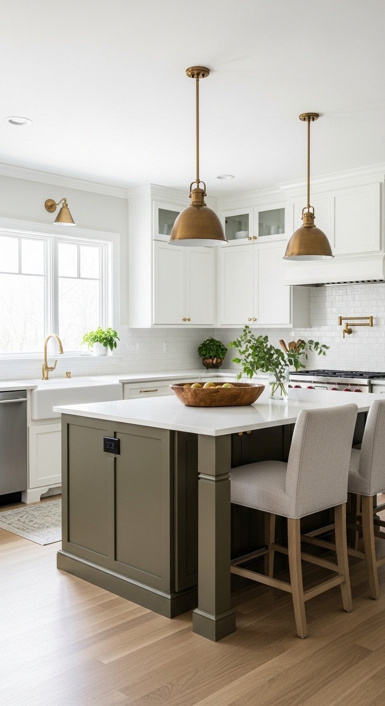 Deep green kitchen island contrasts with white cabinets in a modern kitchen, featuring fabric stools and fruit bowl.