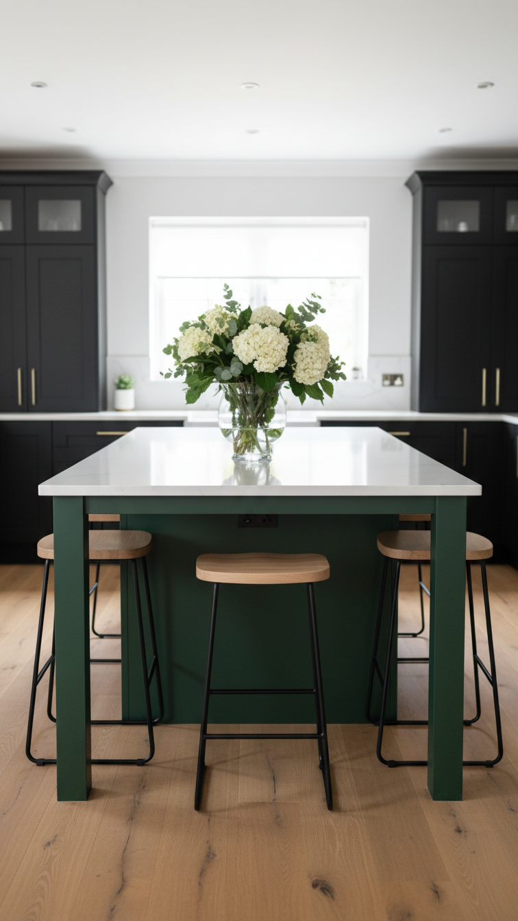 Deep hunter green kitchen island with a bright white countertop and sleek barstools, a bold kitchen focal point.