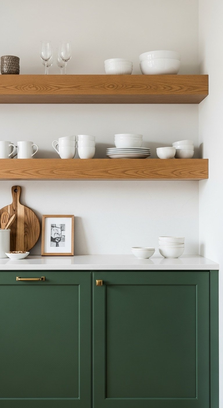 Deep hunter green lower kitchen cabinets with natural oak open shelving, white dishes, ceramic mugs, framed picture.