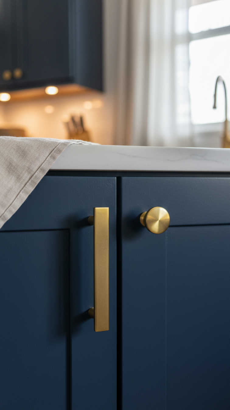 Deep navy blue cabinet door with a polished aged brass pull handle and knob, highlighting elegant kitchen hardware details.