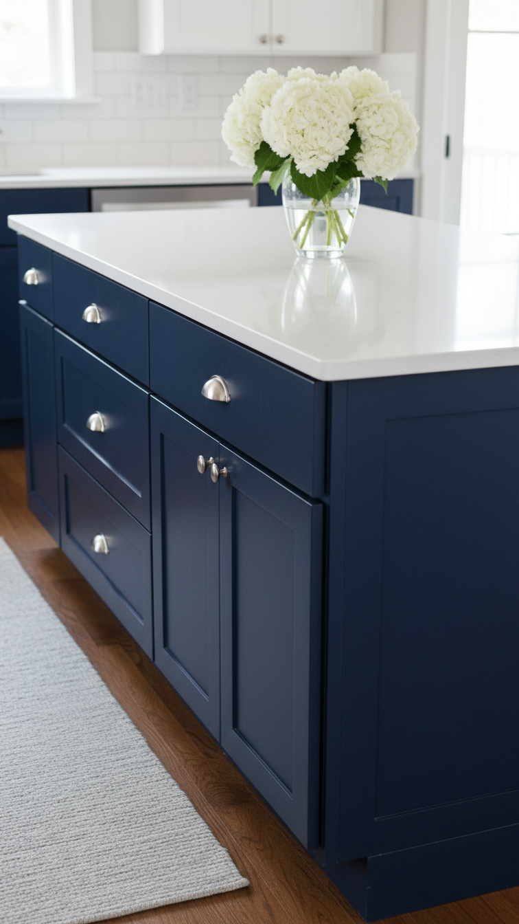 Deep navy blue shaker kitchen island with crisp white quartz countertop, stainless pulls, and white hydrangeas, against subway tile.