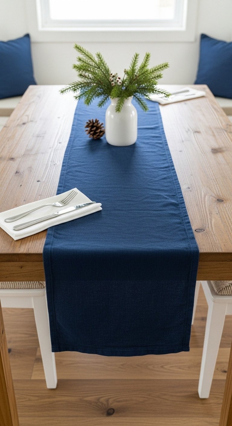 7 Elegant Navy Blue Christmas Kitchen Decor Secrets 5 Deep navy blue textured table runner styled with a white vase and winter greenery on a rustic wooden kitchen table.
