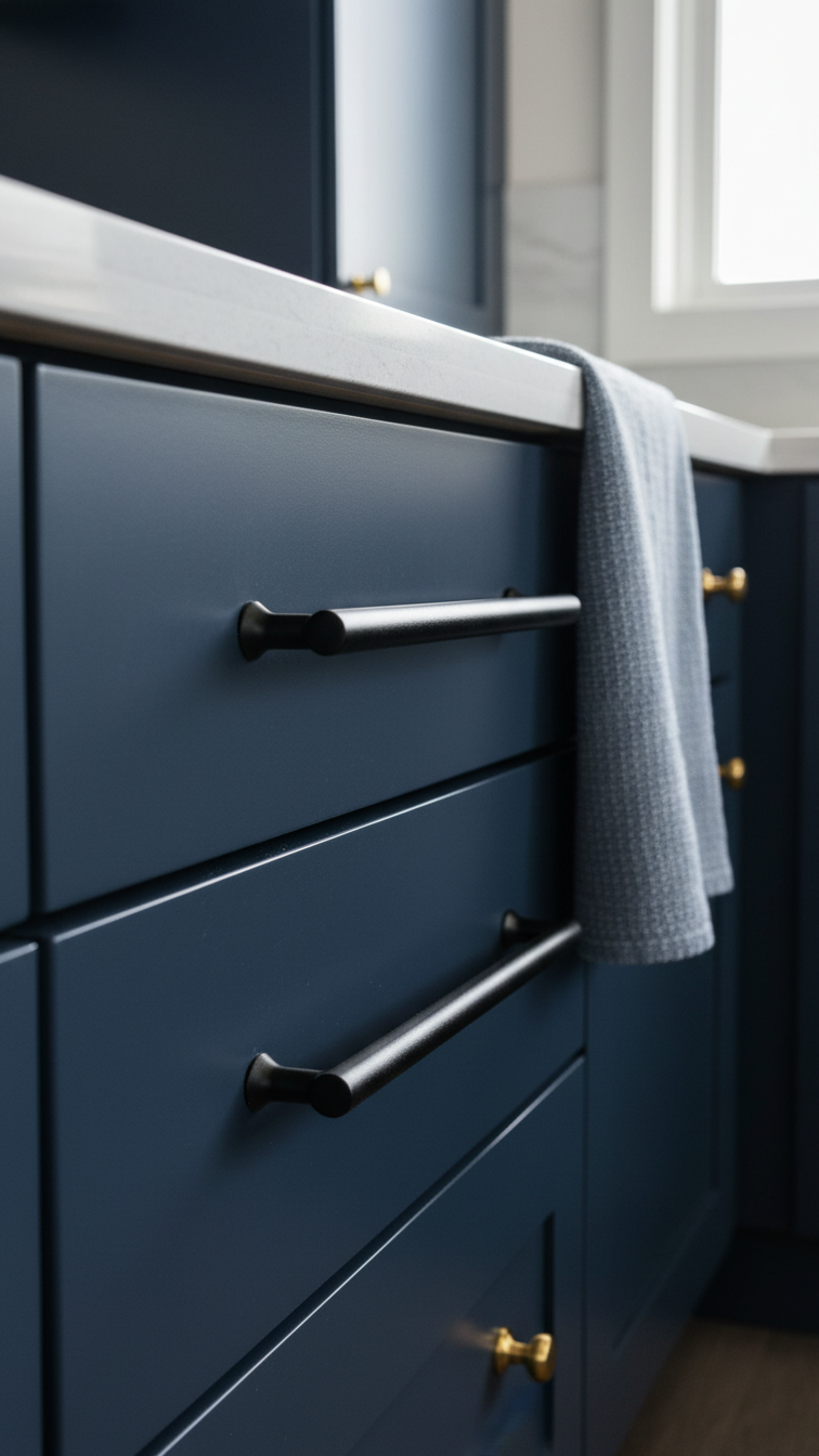 Deep navy kitchen cabinets with large matte black drawer pulls and brass knobs, styled with a kitchen towel. Elegant hardware upgrade.