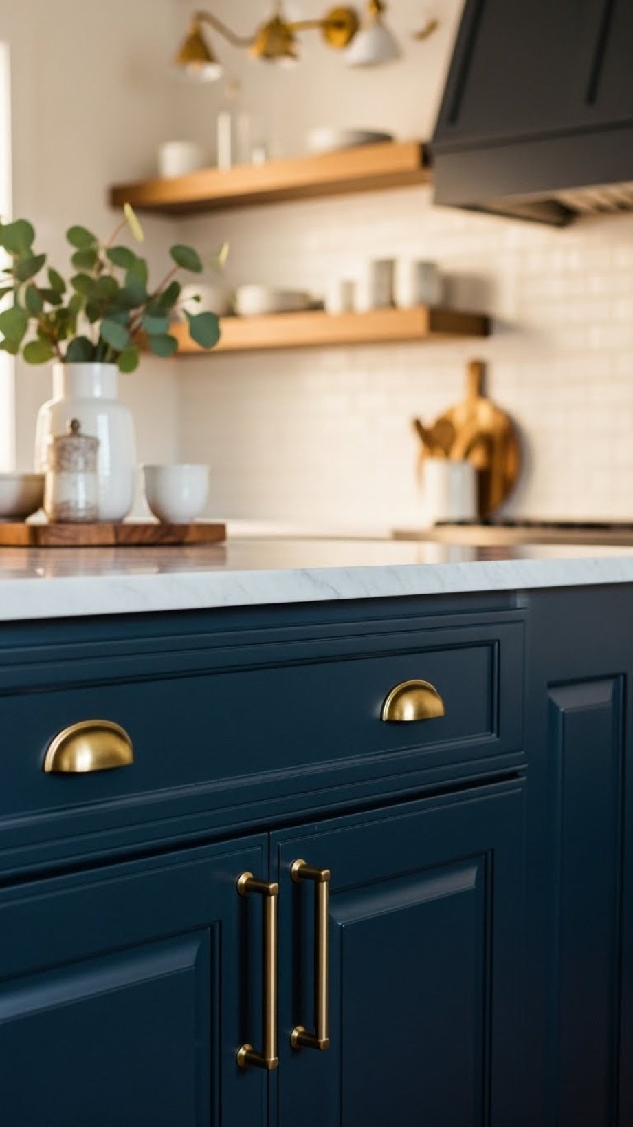 Deep navy kitchen island with white marble countertop, brushed brass hardware, and warm pendant lighting. Cozy modern kitchen design with eucalyptus and wood cutting board.