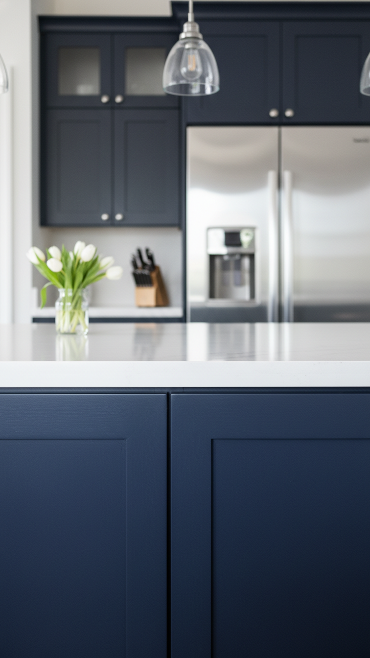 Deep navy shaker kitchen cabinets featuring a pristine white quartz countertop in a modern, moody kitchen design close-up.
