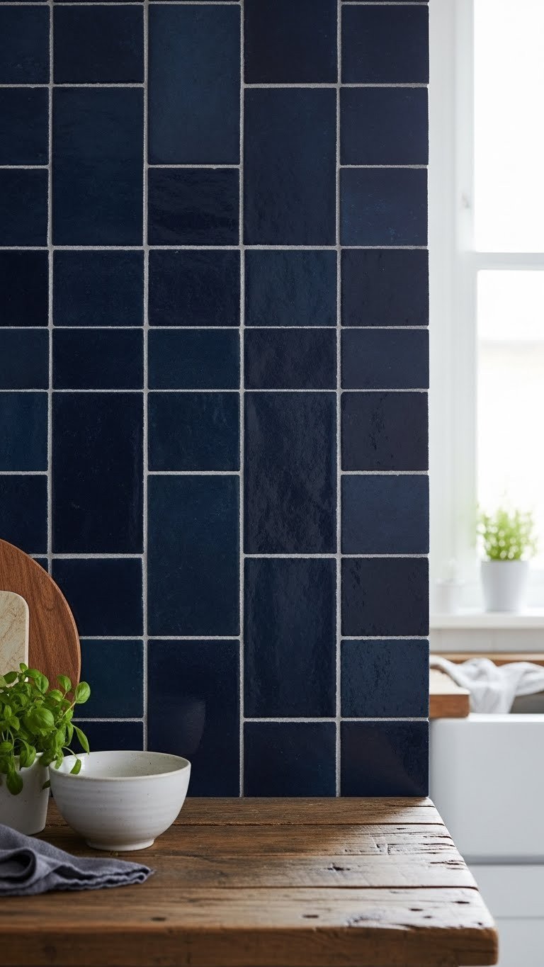 Deep navy zellige tile backsplash with irregular, hand-crafted texture, rustic wood counter, ceramic bowl, and fresh herbs.