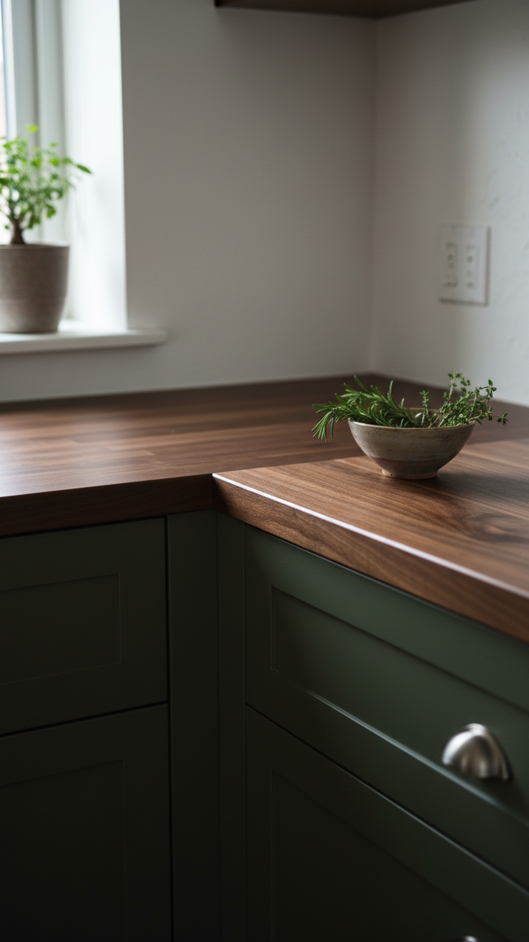 Deep olive green kitchen cabinets contrasting with dark walnut butcher block countertop. Natural wood grain, cozy design with herbs.