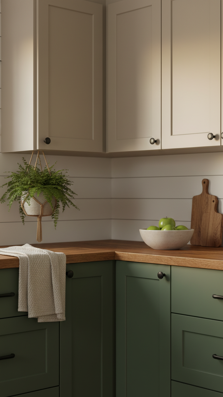 Moody Two Tone Kitchen Cabinets: 9 Essential Design Ideas 15 Deep olive green lower cabinets, warm greige uppers, rustic wooden countertop, and white shiplap wall evoke a cozy, sophisticated kitchen.