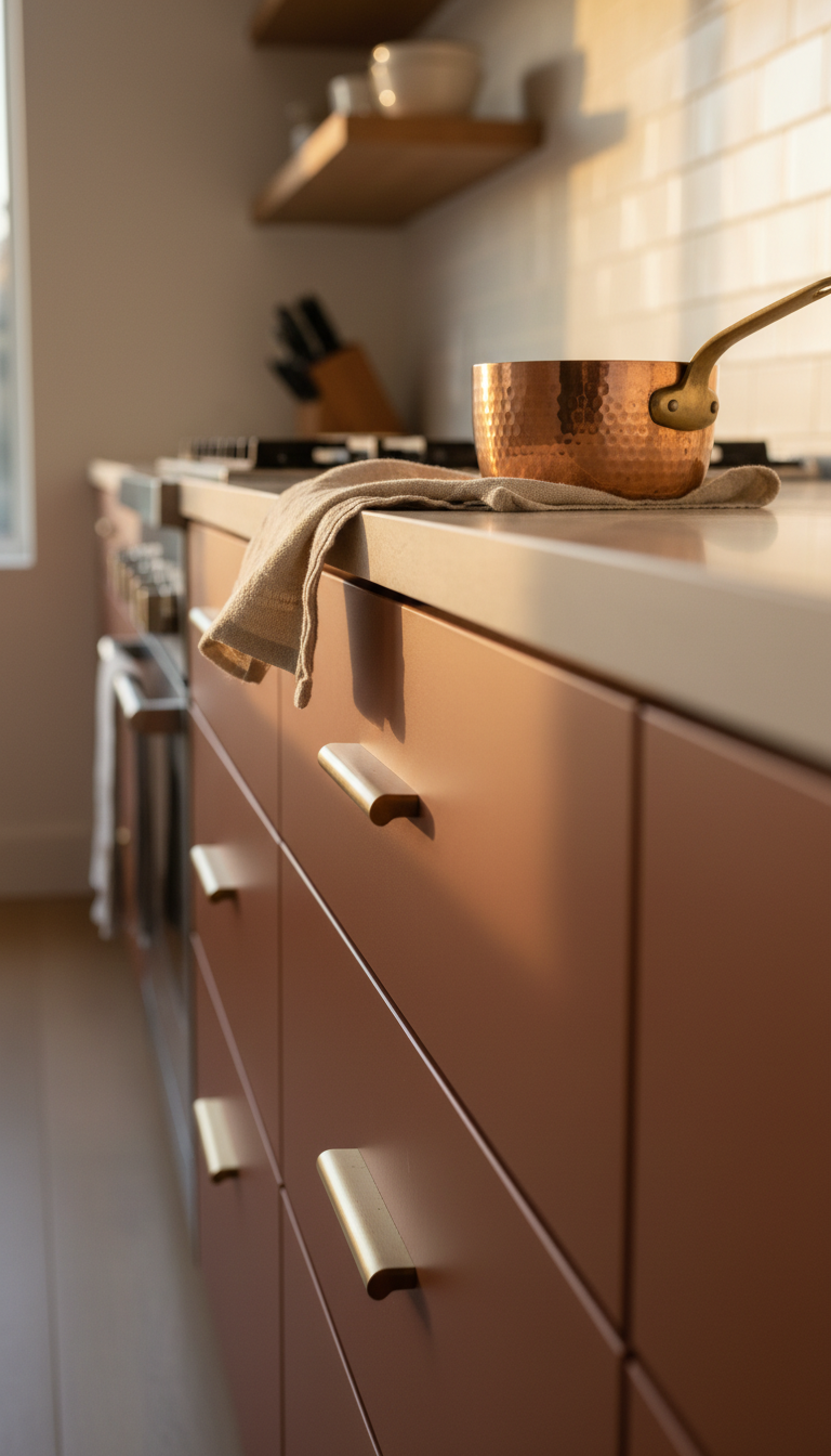Deep terracotta and burnt ochre kitchen cabinets, light stone countertop, matte brass pull, copper pot, and linen tea towel.