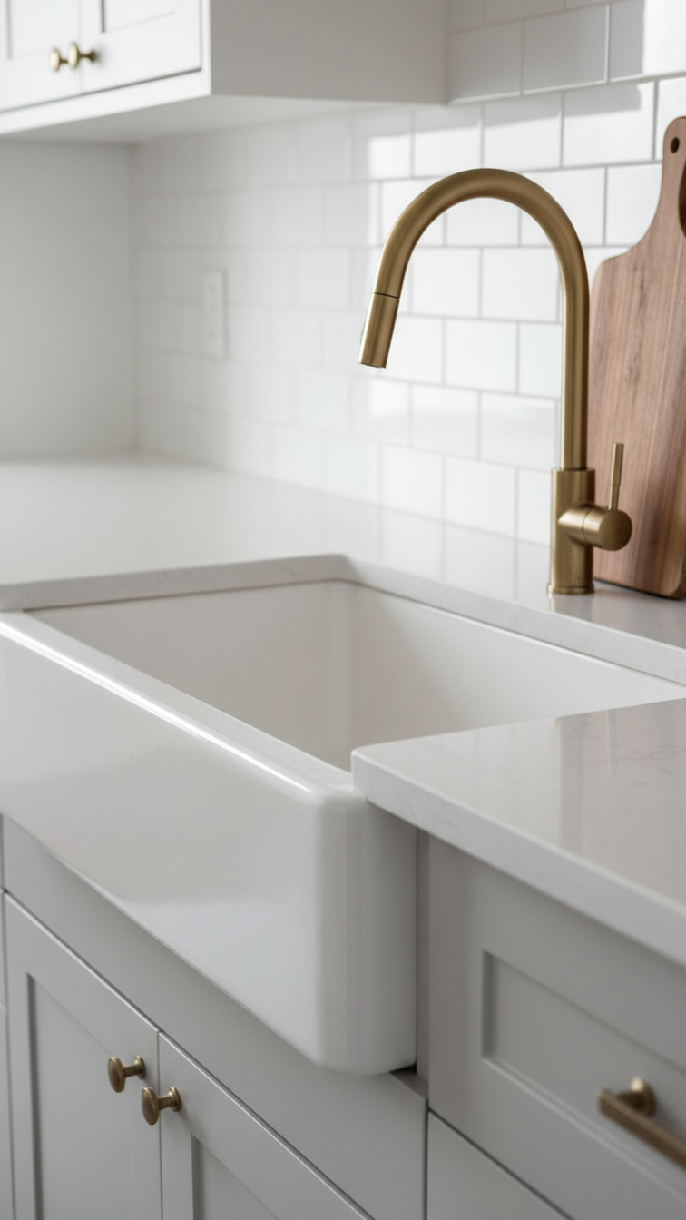 Deep white apron front farmhouse sink integrated into sleek light gray quartz countertops with a modern brass faucet, subway tile backsplash.
