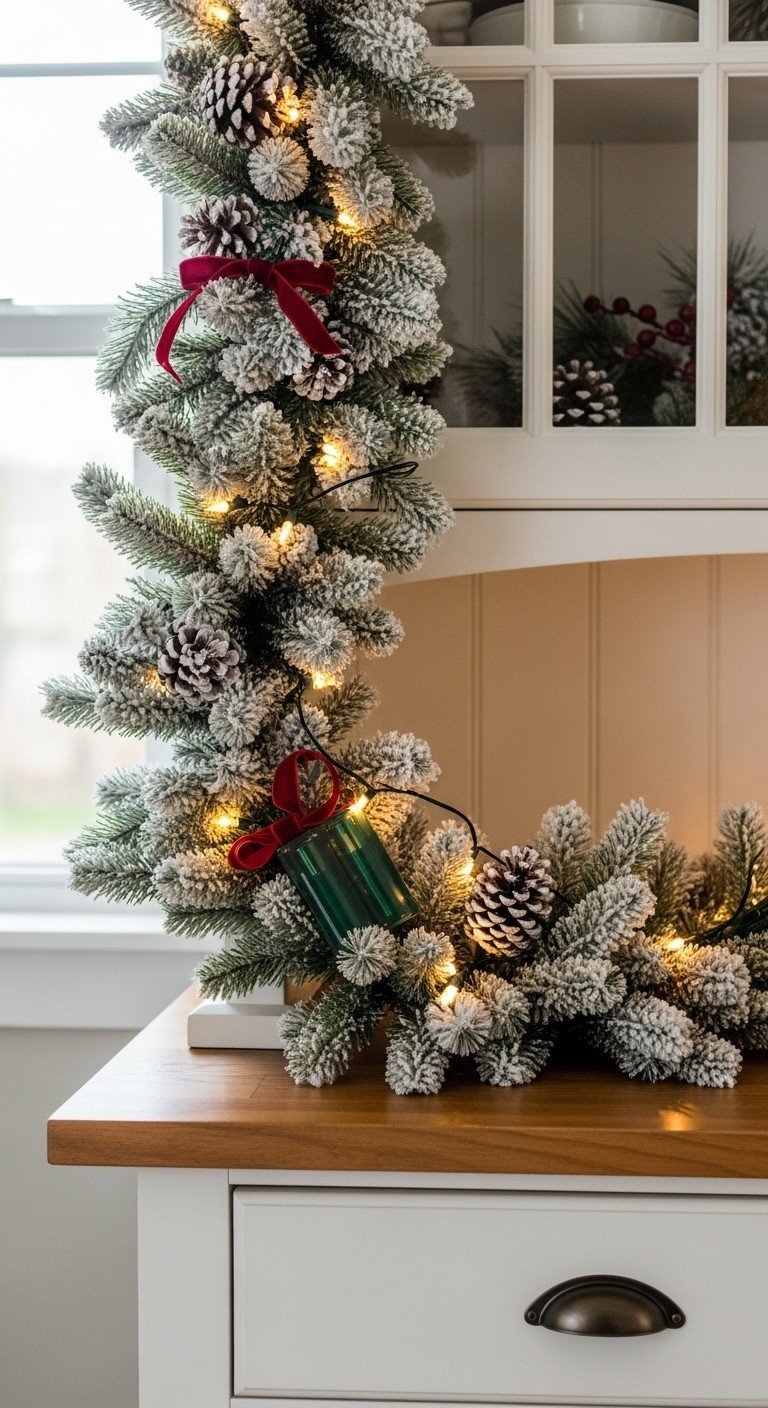 Dense flocked Christmas garland with warm LED micro-lights and red velvet ribbons on a white hutch countertop. Cozy holiday decor close-up.