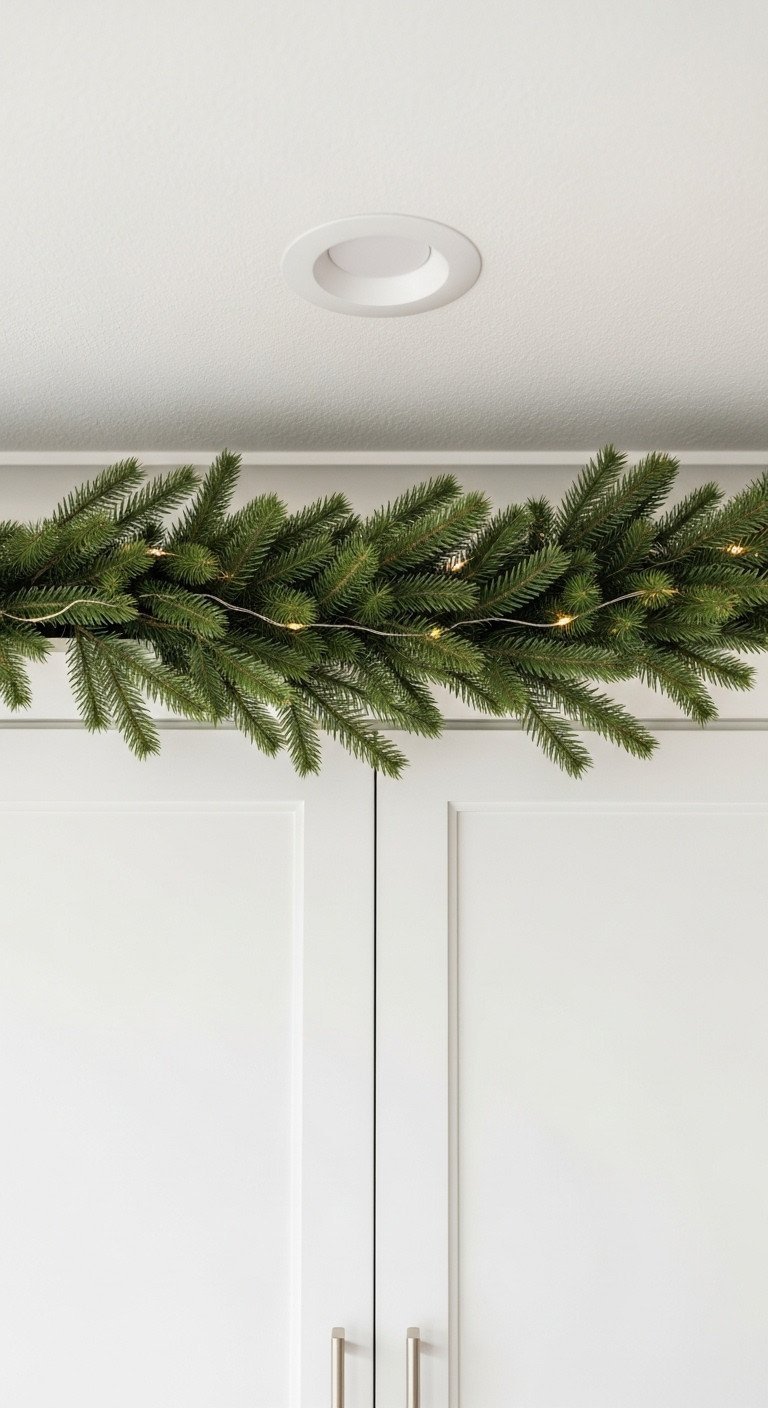 Dense pine garland with subtle LED lights draped over upper kitchen cabinets, secured with concealed weights, festive holiday decor.