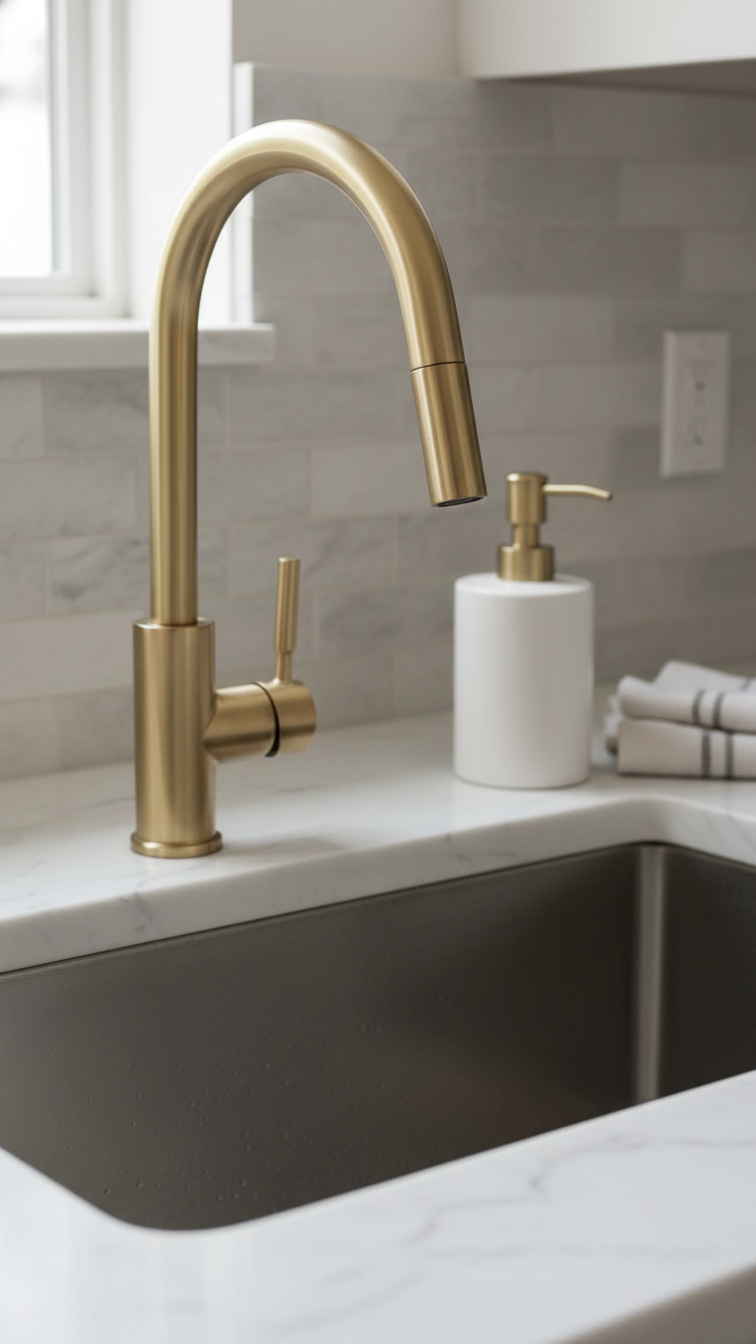 Detail of a sleek brushed brass gooseneck kitchen faucet over an undermount stainless steel sink and white marble countertop.