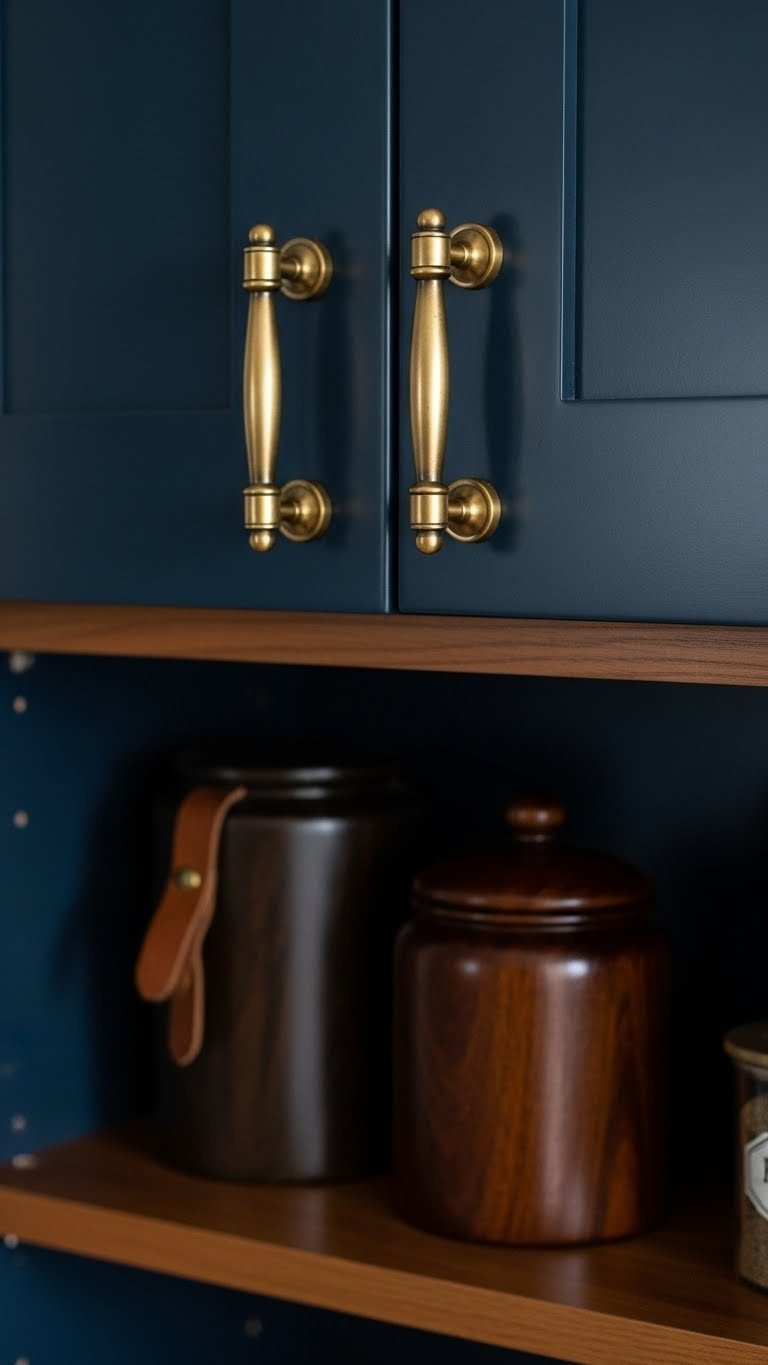 Transform Kitchens With 7 Moody Hardware Picks: Expert Tips 2 Detailed antique brass pulls and knobs with patina on rich, dark navy blue kitchen cabinets, bathed in warm golden hour light.
