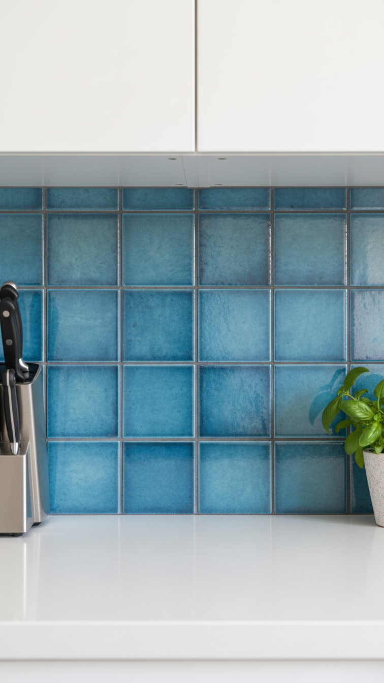 Detailed blue patterned ceramic backsplash tile with dark grout, white countertop, stainless steel knife block, and herb plant.