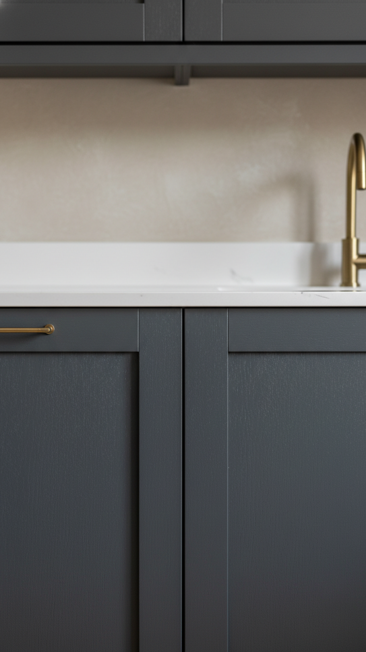 Detailed view of charcoal gray kitchen cabinetry, mixing Shaker lower and slab-front upper, with a thin gold pull handle.