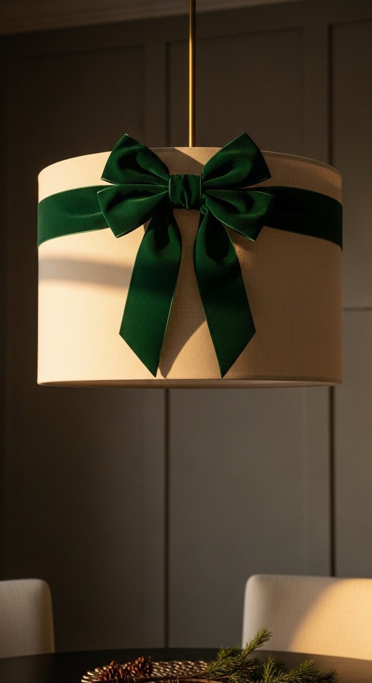 Dining area oversized fabric drum pendant light with a luxurious dark green velvet Christmas bow, creating a cozy focal point.