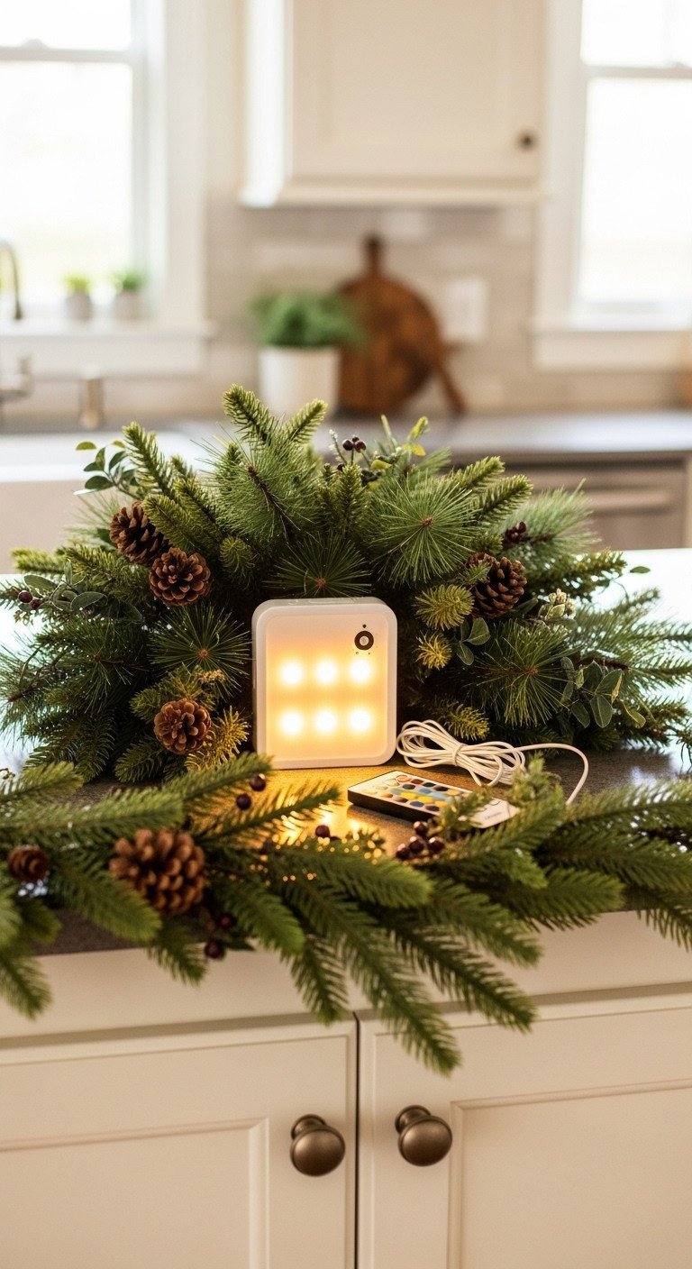 Discreet battery-operated LED light box with timer hidden behind pine needles and faux berries on cabinet.