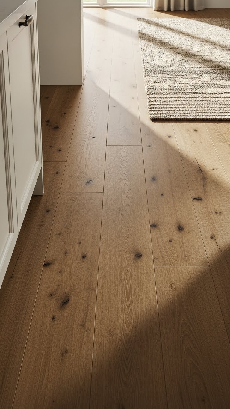 Distressed wide plank hardwood flooring unifies kitchen and living room. Natural wood, matte finish, earth-toned rug.