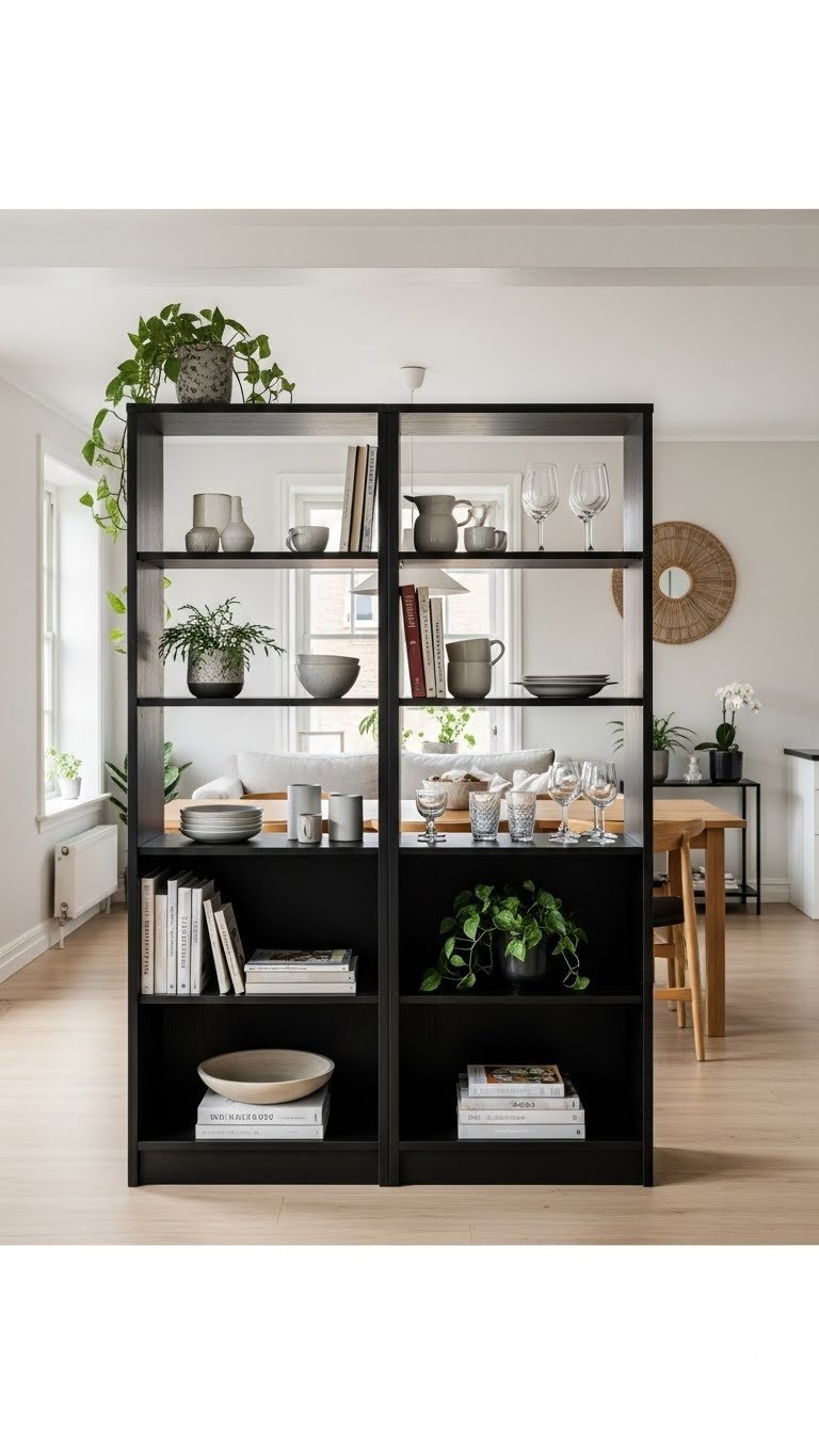 Double-sided black wood bookcase partition dividing kitchen living room, open shelves with books, plants, ceramics, light wood floor.