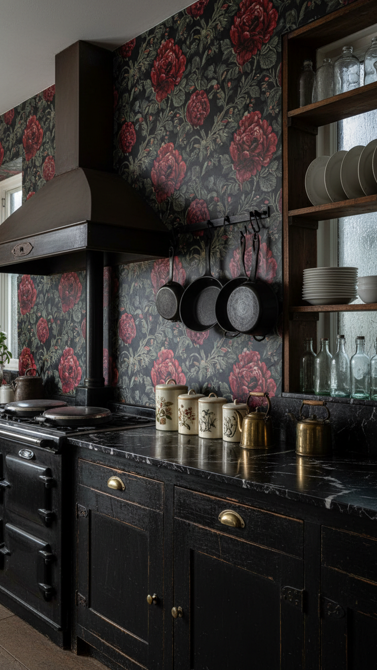 Dramatic Victorian kitchen featuring dark floral patterned wallpaper, bold black and green hues, marble countertop, antique decor.