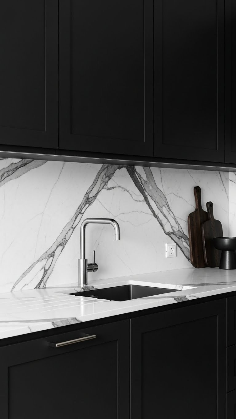 Dramatic black kitchen features matte charcoal cabinets, high-contrast white marble countertop with bold dark veining.