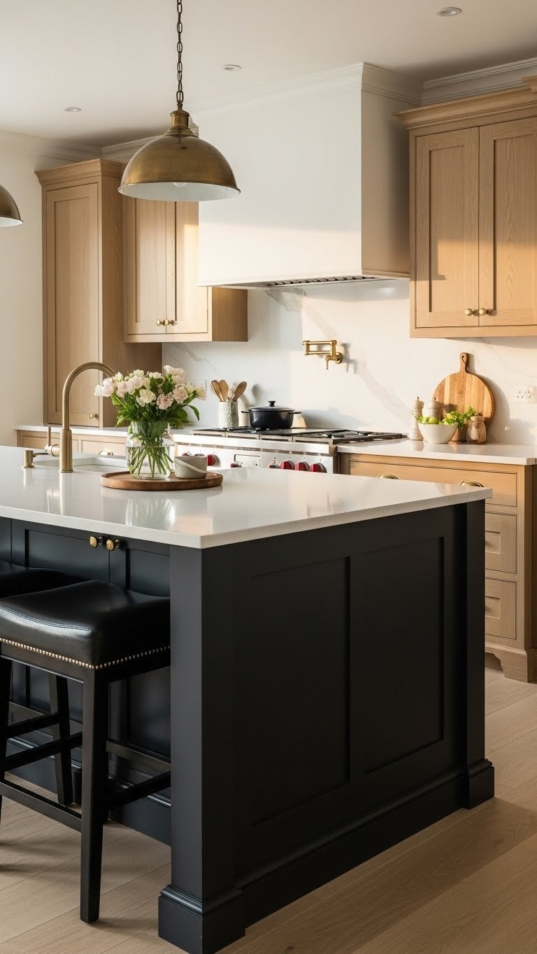 Dramatic black kitchen island, natural oak cabinets, marble backsplash, bar stools. Luxurious modern kitchen design.