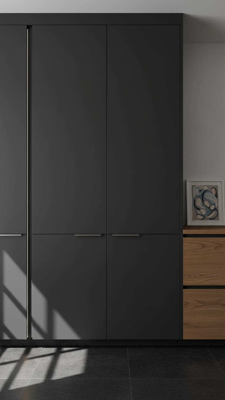 Dramatic charcoal floor-to-ceiling kitchen cabinet wall with sleek hardware and a bright vertical light line.