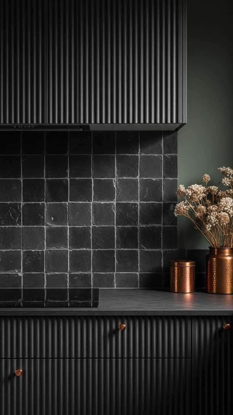 Dramatic charcoal kitchen backsplash featuring highly textured zellige tiles, showcasing shadow lines and natural irregularities.