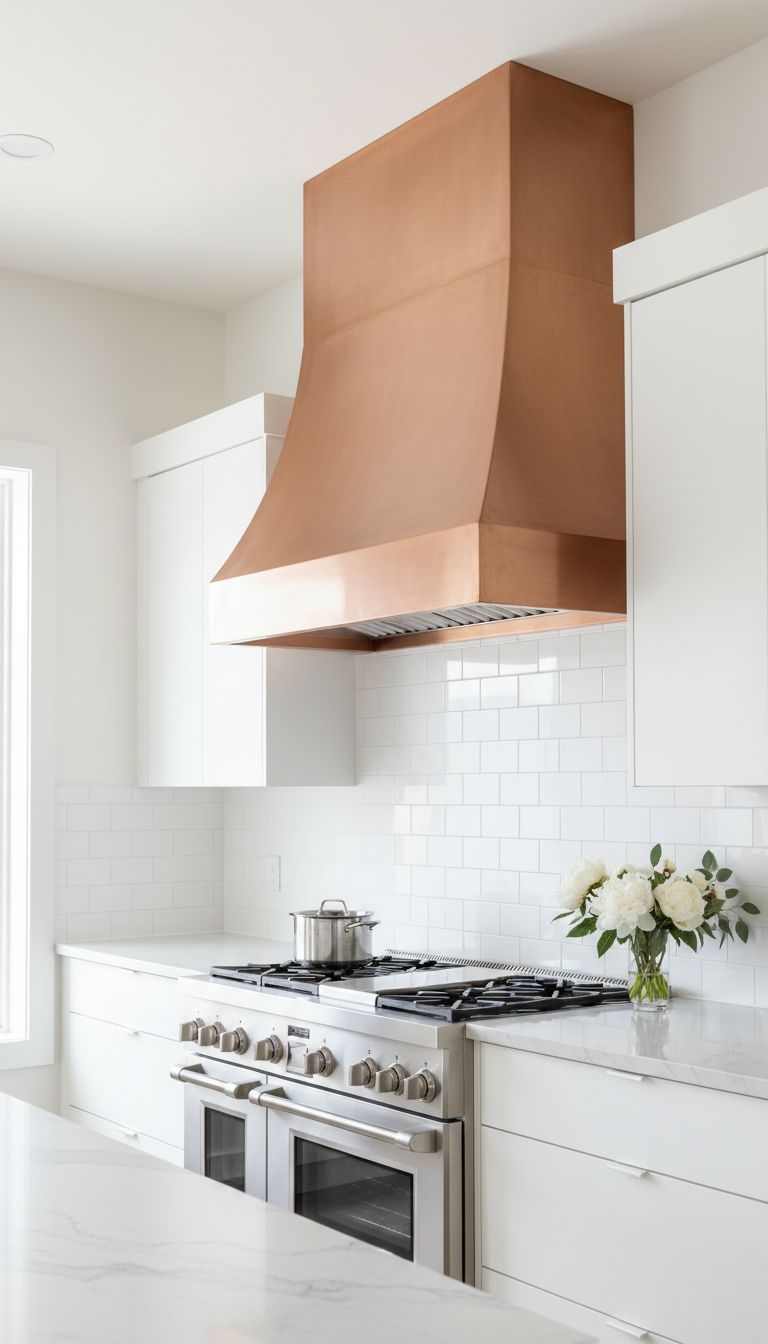 Dramatic copper range hood with geometric lines in a high-end modern kitchen, set against white subway tile and cabinetry.