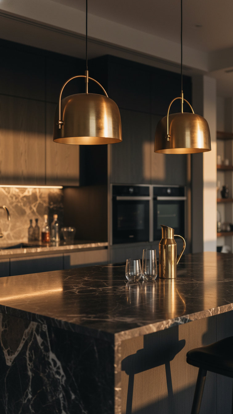 Dramatic dark kitchen lighting with warm under-cabinet LEDs, sculptural brass pendant lights over a sleek dark island.