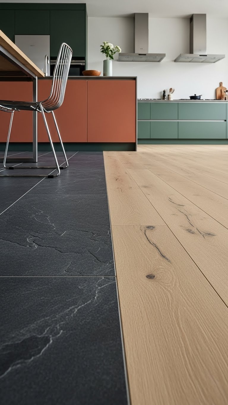 Dramatic dark slate tiles meet light engineered wood flooring in an open kitchen living room, creating elegant contrast.