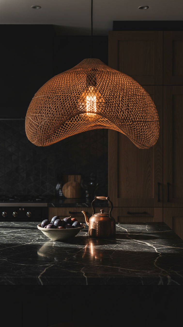 Dramatic eclectic kitchen: oversized rattan pendant light over a dark marble island with fresh fruit and copper kettle.