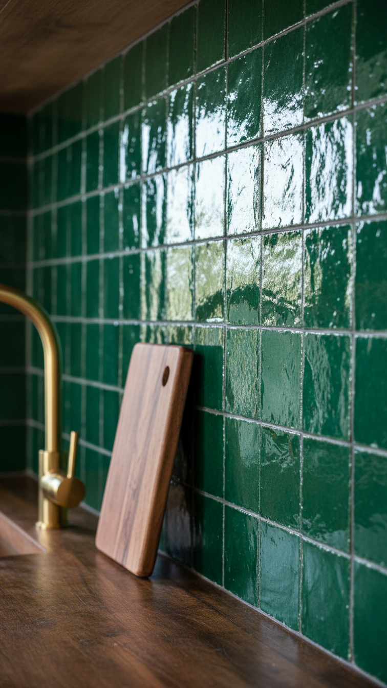 Dramatic kitchen backsplash: highly textured, glossy deep green Zellige tile catching light, contrasting with a dark wood countertop.