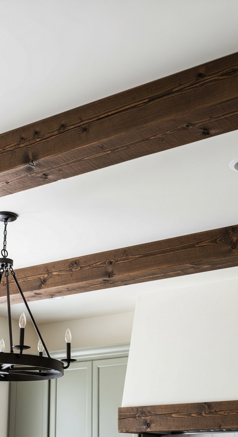 Dramatic low-angle shot of a rustic kitchen ceiling with dark-stained faux wood beams above the top of green cabinets.