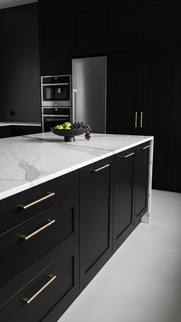 Dramatic modern kitchen features matte black flat-panel cabinets, a white marble island, and gold hardware, creating a sophisticated design.