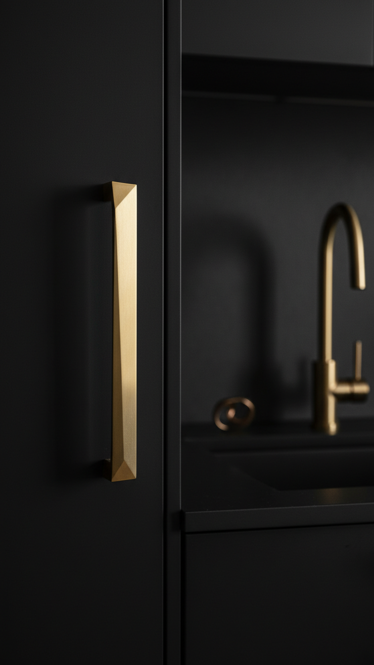 Dramatic oversized geometric brass pull on a seamless matte black cabinet, creating a bold statement in a modern kitchen design.