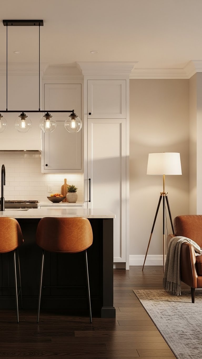 Dramatic pendant lights over kitchen island and soft floor lamp in living room of open concept space. Elegant, sophisticated lighting.