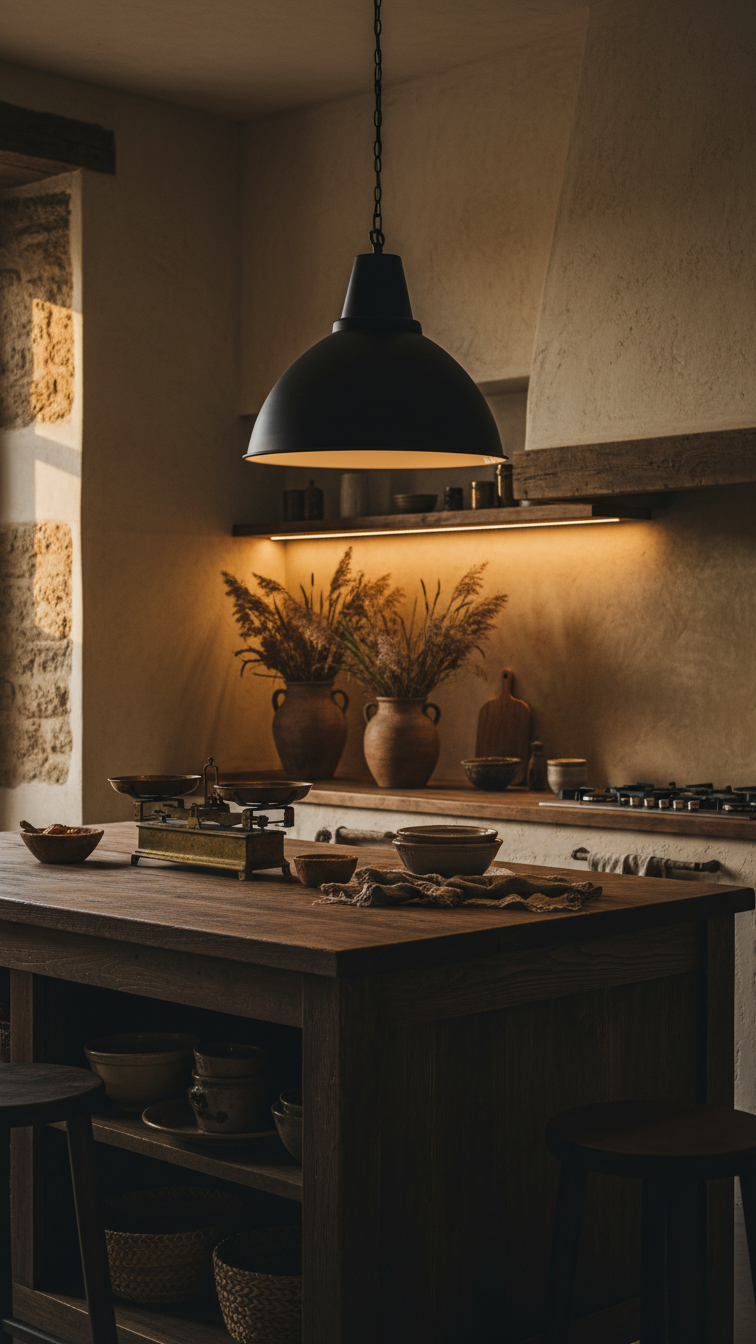 Moody Rustic Kitchen Design: The Ultimate Guide For Any Home 7 Dramatic rustic kitchen lighting: matte black industrial pendant light over a dark wood island with under-cabinet strip lighting.