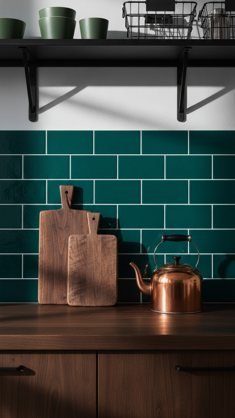 Dramatically lit kitchen with vibrant teal green backsplash and high-contrast white grout, creating a dynamic grid pattern.