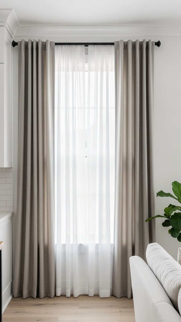 Dual-layer window treatment with white sheer curtains under neutral blackout drapes, partially open, highlights textile quality and elegant hardware.