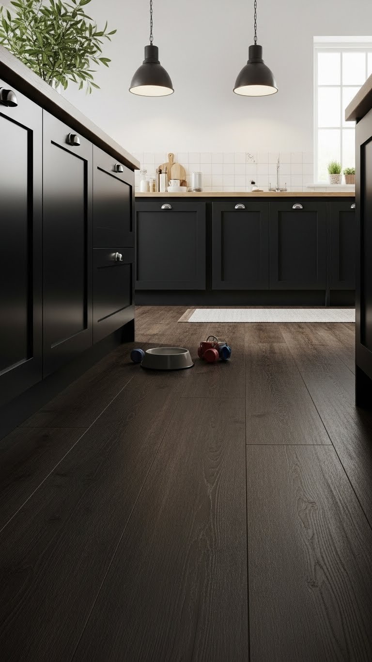 Moody Kitchen Flooring: 11 Essential Ideas To Transform Your Home 6 Durable dark wood-look LVT wide planks in a bustling kitchen. Realistic texture, pet bowl, kitchen runner, industrial lights.