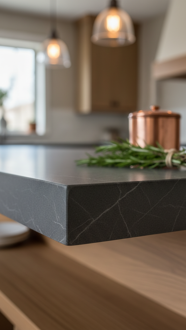 Durable deep charcoal grey soapstone kitchen countertop with subtle veining and matte texture. Copper canister, fresh herbs in soft light.