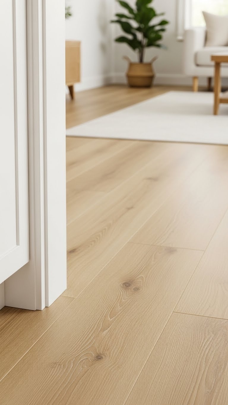 Durable light wood look flooring in an open concept kitchen and living room, highlighting plank texture and seamless flow.