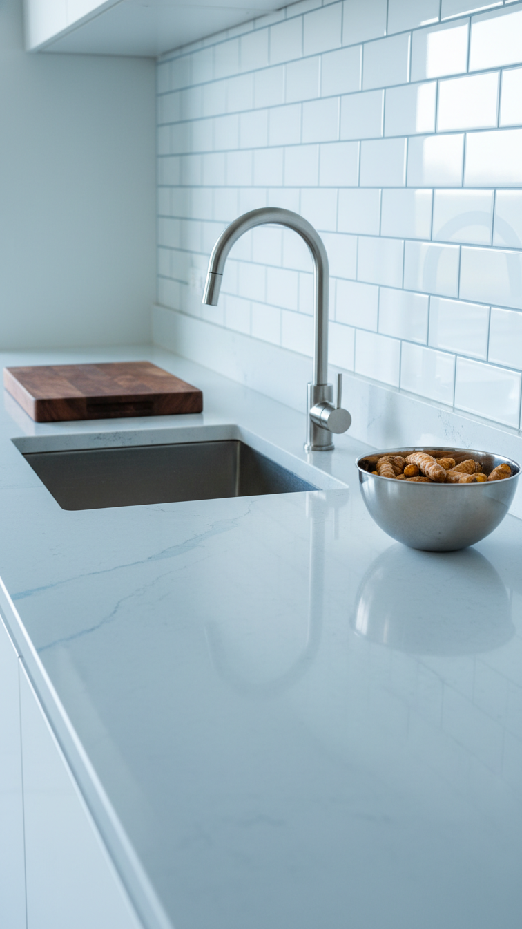 Durable modern Indian kitchen: spacious quartz countertop with integrated sink, subway tile backsplash. Ideal for rigorous cooking, bright daylight.