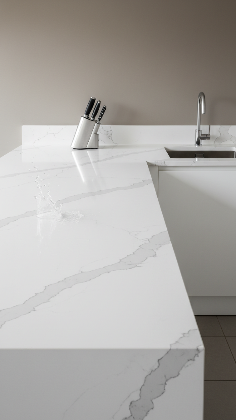 Durable quartz countertop with gray veining over handleless white cabinets and an under-mount stainless steel sink.