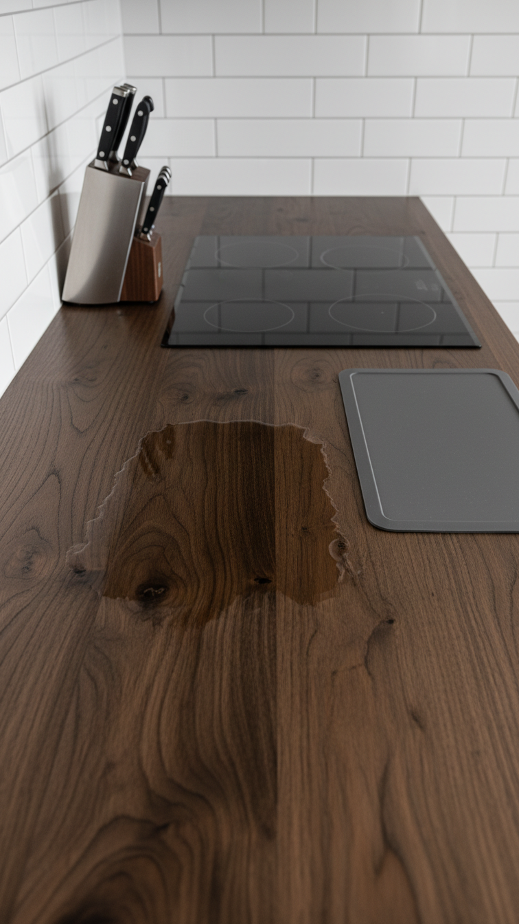 Durable reclaimed timber kitchen countertop with unique grain patterns, wet seal, and modern induction cooktop. Dark wood finish.