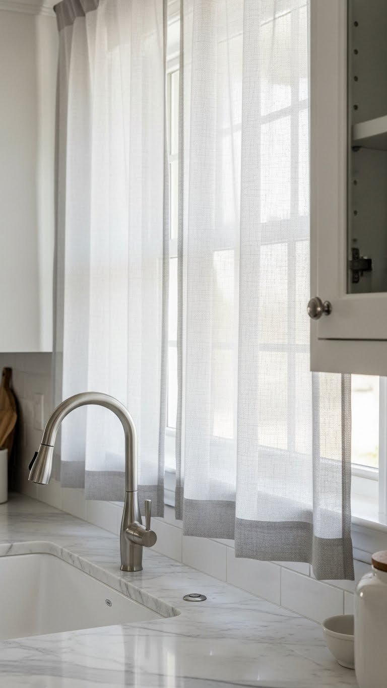 Durable semi-sheer polyester-linen kitchen curtains over a sink, showcasing crisp fabric texture, marble counter, white cabinets.